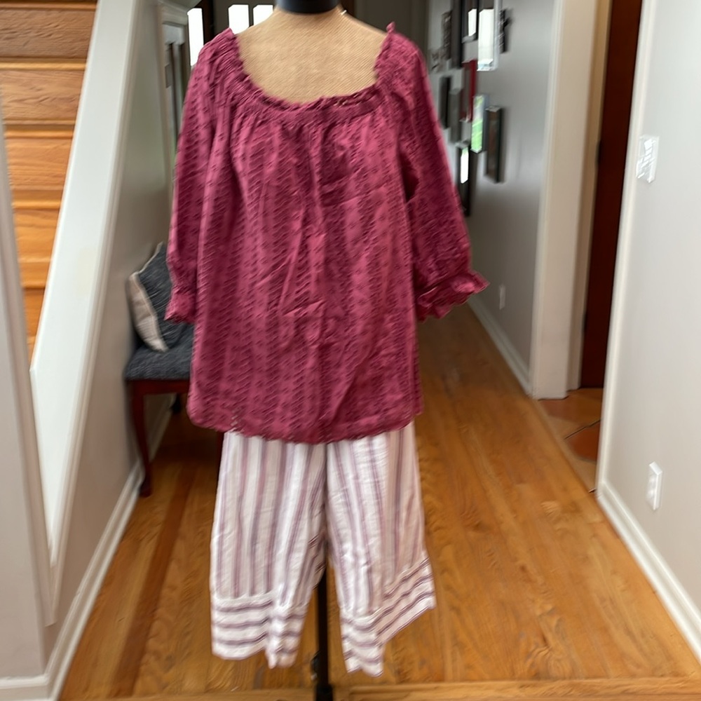Plus Size Burgundy Top and Striped Wide-Leg Pants